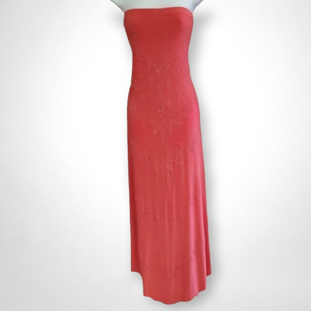 Strapless beaded formal dress, coral, small